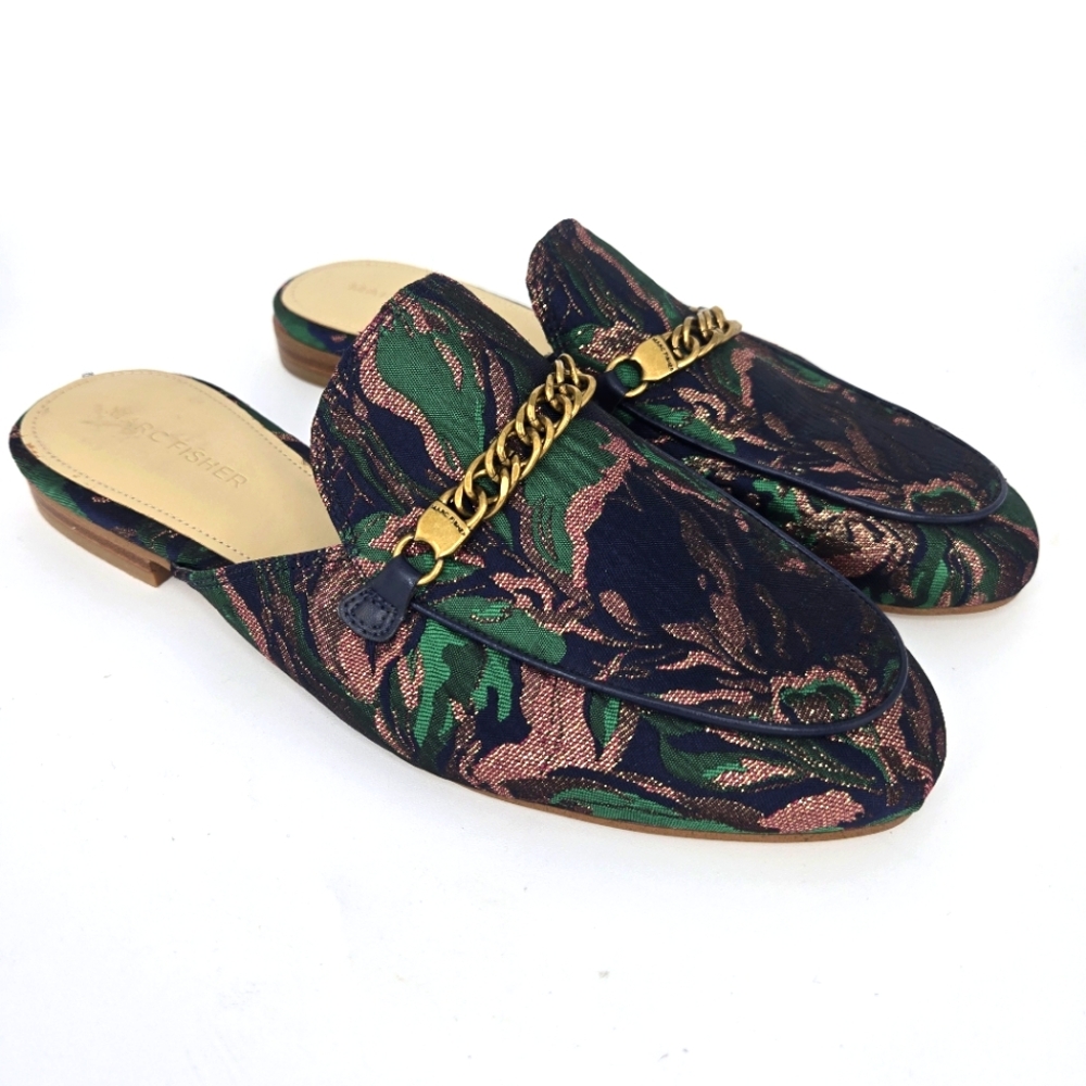 Marc Fisher Whiley Brocade Metallic Slip‎ On Mule Sz 7.5 Green Purple Gold